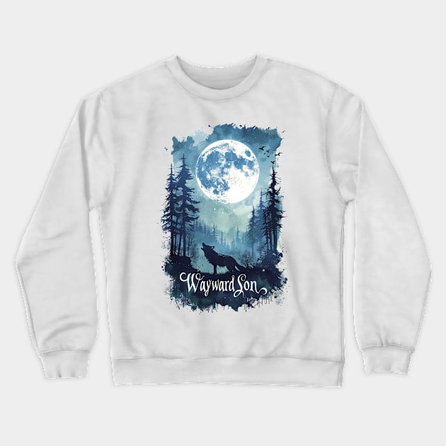 Hear the Call: A Lone Wolf Howls in the Wayward Son Forest Crewneck Sweatshirt by Abystoic